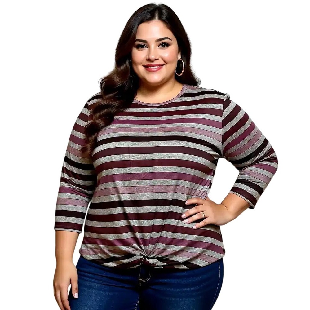 Trueself Womens Striped Front Twist Knot 3/4 Sleeve Top Burgundy Grey 1X NWT